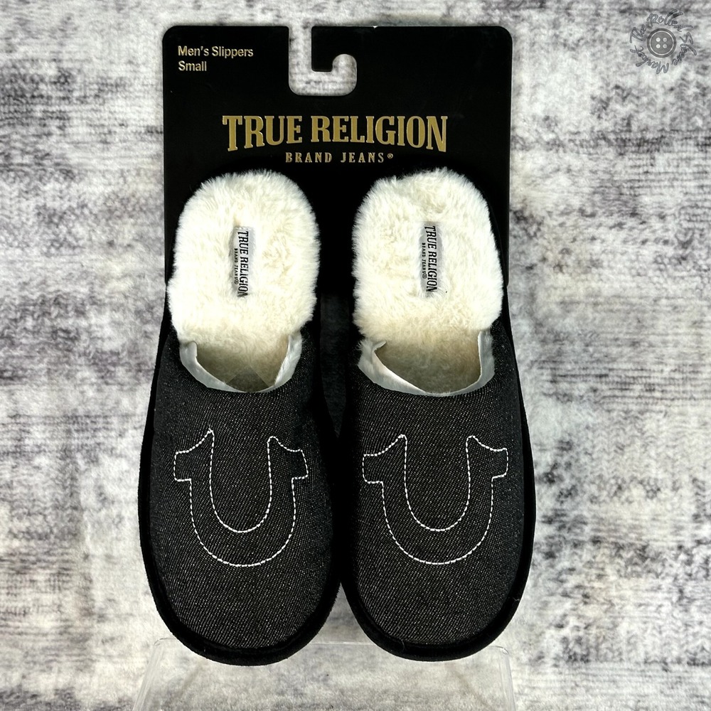 NWT - True Religion Men's Slippers House Shoes - Grey & White - Men's Small 7-8‎